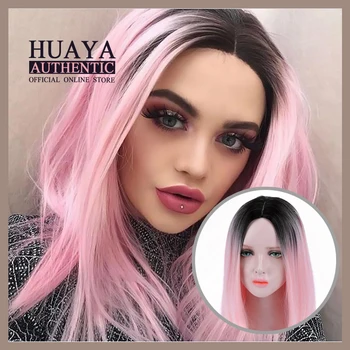 

HUAYA Synthetic Cosplay Bob Wig 14 Inch Short Straight Dark Root Ombre Pink Party Wigs Women Middle Part Nature Short Hair