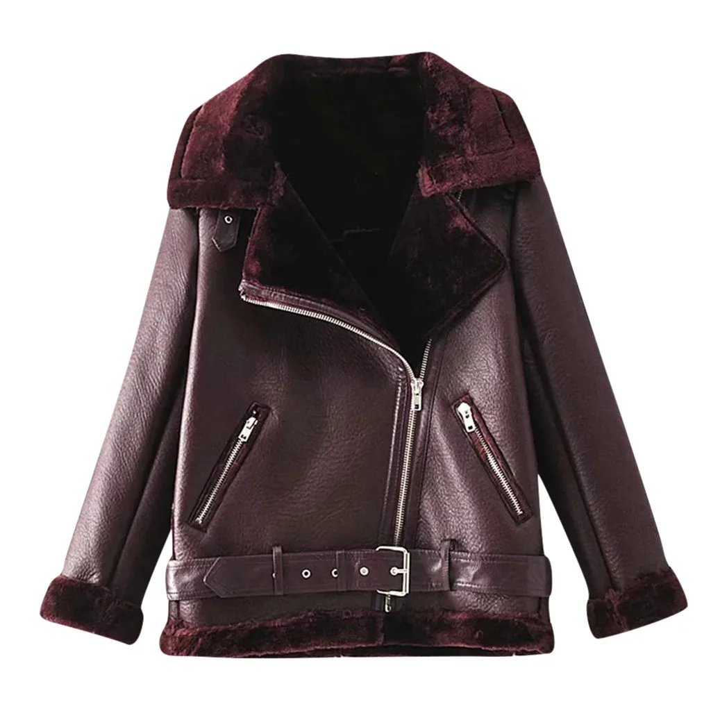 Куртка из искусственной кожи Pu, Женская куртка с длинным рукавом, однотонное пальто на молнии, с карманами, с отложным воротником, плюшевая куртка из искусственного меха, с поясом, черная верхняя одежда