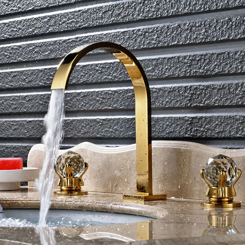 Shiny Gold Bathroom Faucet Dual Crystal Handle Hot Cold Mixer Crane Bathtub Faucet Deck Mount Tub Faucets bathroom faucet