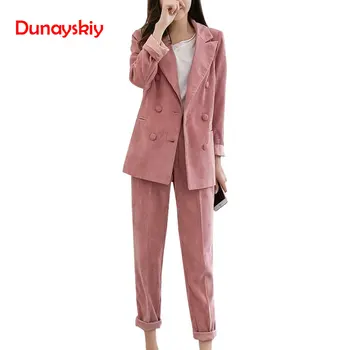 

Women's Corduroy Blazer Two Piece Sets 2020 Spring New Notched Collar Casual Jacket Loose Female Clothing