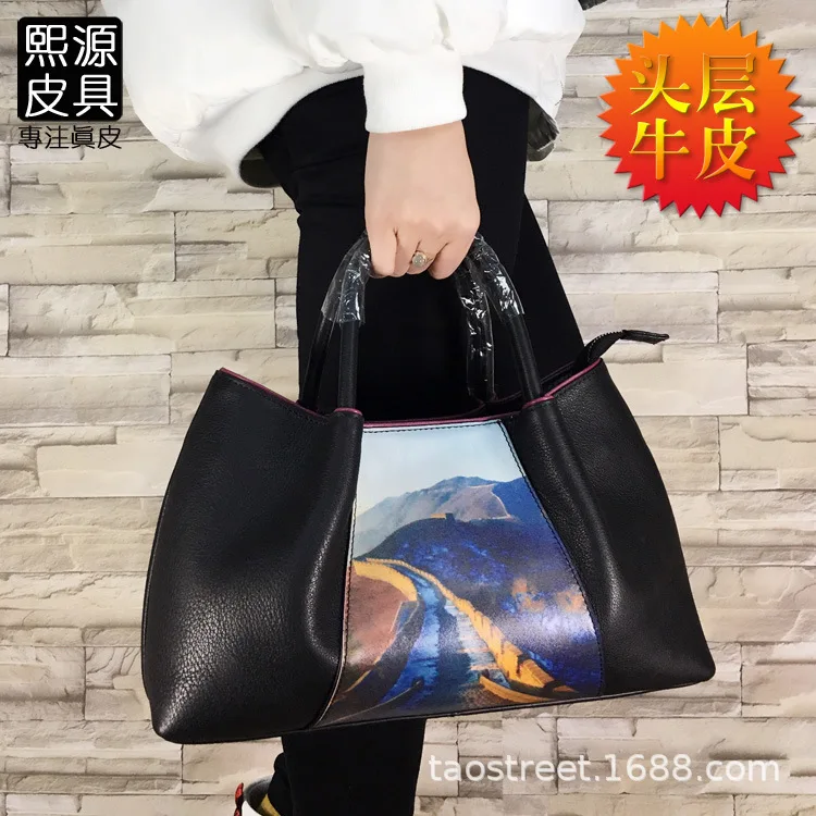 

2019 New Style Nostalgic Retro Genuine Leather Lady Bag Handmade Coloured Drawing Cool One-Shoulder Handbag Full-grain Leather