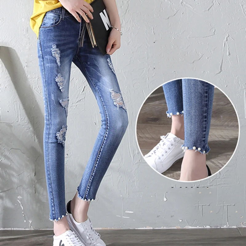 New Women Jeans Pearls Casual Fashion Used Brand Wholesale Jeans Nail Beads Decoration Holes Jeans Rise Skinny Stretch Trousers Denim Jeans China New Women Jeans And Ladies Denim