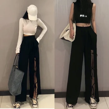 

2020 New Casual Wide-leg Pants Women European Style Bow Tie Straight Pants Simple Fashion Split High Waist Trousers