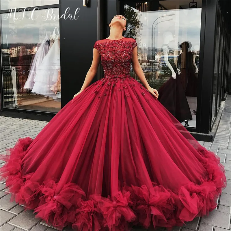 Robe De Soiree красное роскошное бальное платье Дубай Выпускные платья изящная, украшенная бусинами цветы тюлевые Вечерние платья на заказ