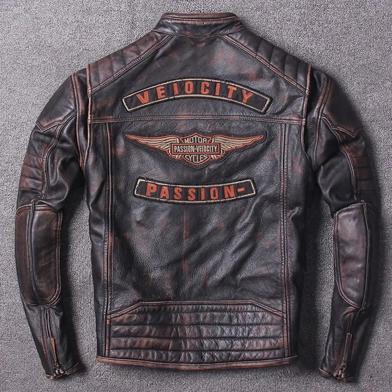 Винтажная коричневая Мужская Американская мотоциклетная кожаная куртка размера плюс XXXXXL настоящая Толстая ковбойская зимняя Байкерская кожаная куртка - Цвет: Vintage Brown