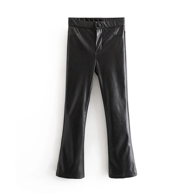 Stylish Faux Leather Pants Women Black High Waist Long Flare Pants Vintage Female Fashion Streetwear PU Trousers Pockets Bottoms
