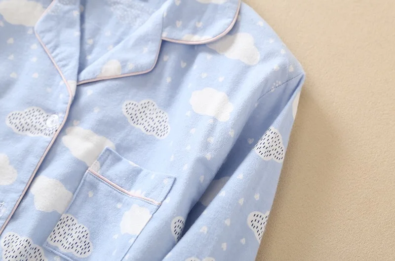Женский пижамный комплект из чистого хлопка в простом стиле с принтом облаков из мультфильмов, коллекция года, осенне-весенняя одежда для сна из 2 предметов Домашняя одежда повседневная одежда