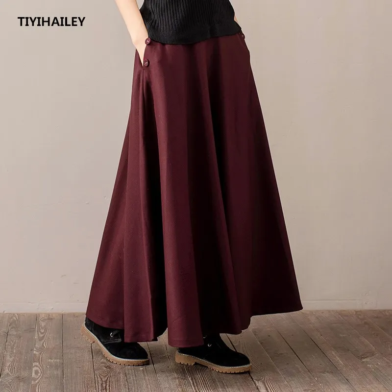 TIYIHAILEY Free Shipping 2020 New Vintage Long Maxi A-line Skirts Women Elastic Waist Winter Spring Wool Thick Warm Black Skirts ins 2022 spring and autumn new 0 3 year old baby knitted hat fashion beautiful cotton wool hairball hat