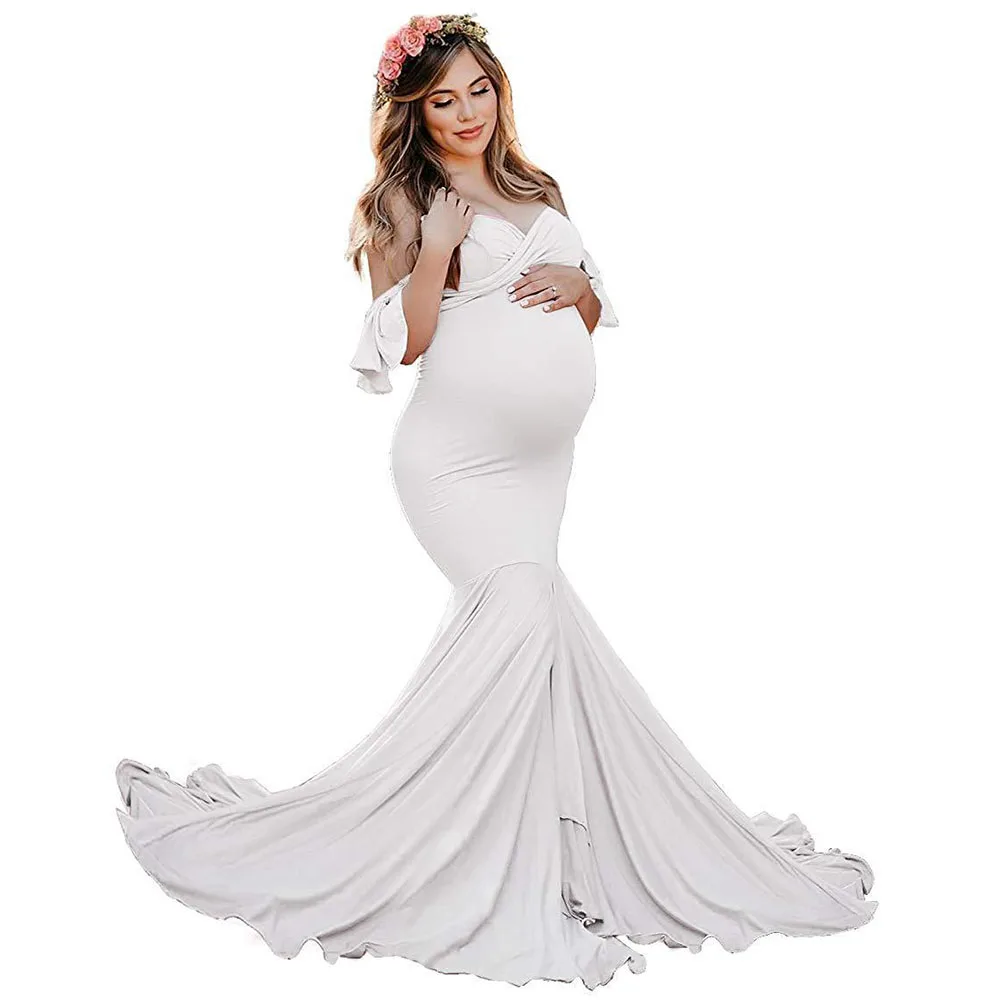 Shoulderless Maternity Dresses For Photo Shoot Sexy Ruffles Sleeve Pregnancy Dress New Maxi Gown Pregnant Women Photography Prop (6)
