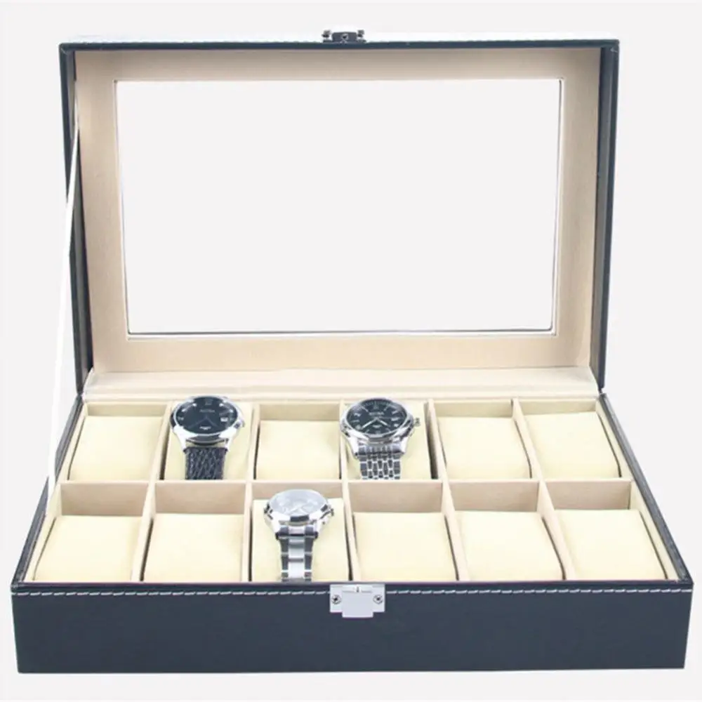 Retro Faux Leather Watch Box Case Organizer Display 12 Slots For Men Women Brilliant Jewelry Box with Soft Leather Pillows