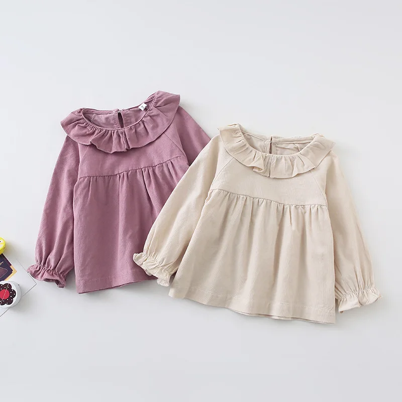 

Autumn New Korean Style Baby Girls Corduroy Blouses Ruffles Collar Chic Tops Children Clothes Cute Toddlers Kids Princess Shirts