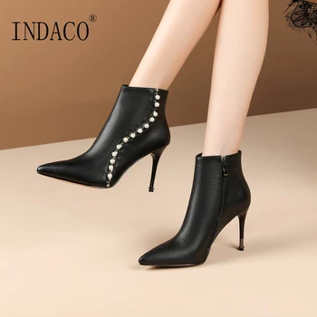 

Winter Boots Black Leather Pearl Ankle Boots for Women Zipper High Heel Winter Shoes Women 8.5cm