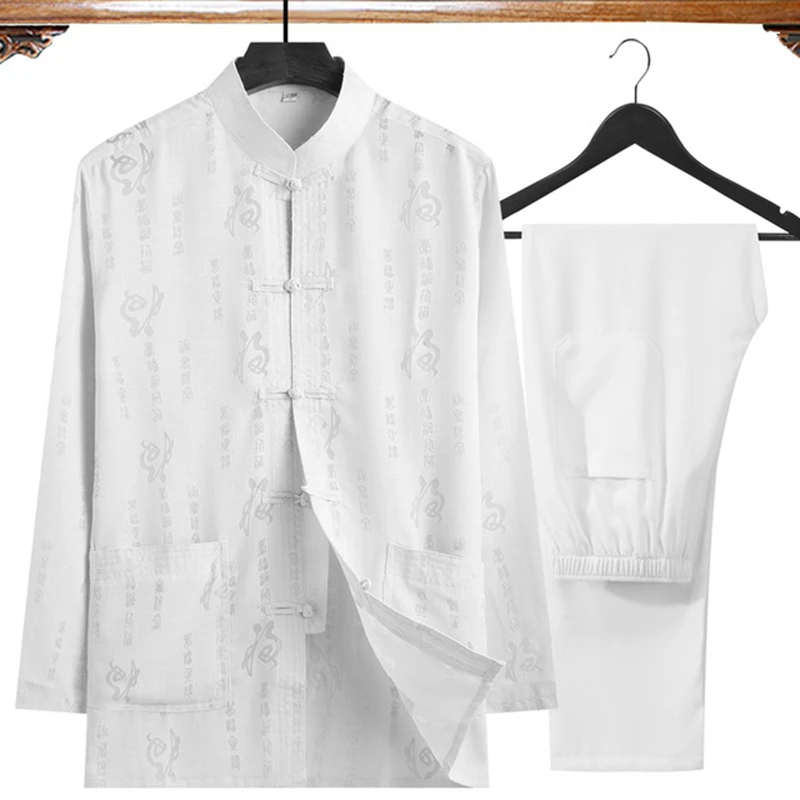 Plus Size4XL(Long Sleeve Shirt+Pant)Pure Color Cotton Linen 2PcsSet Men Kung Fu Tai Chi Suit ClassicWu Shu Clothing For Father