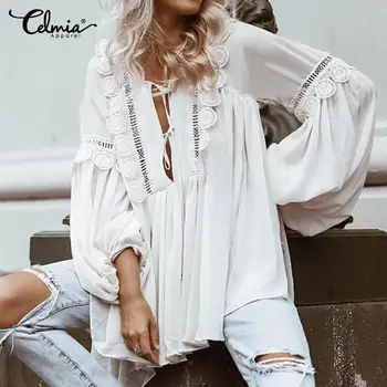 

Celmia 2020 Fashion Women Hollow Out Blouses Casual Lantern Sleeve Loose Tunic Tops Lace Up Shirts Plus Size Streetwear Blusas