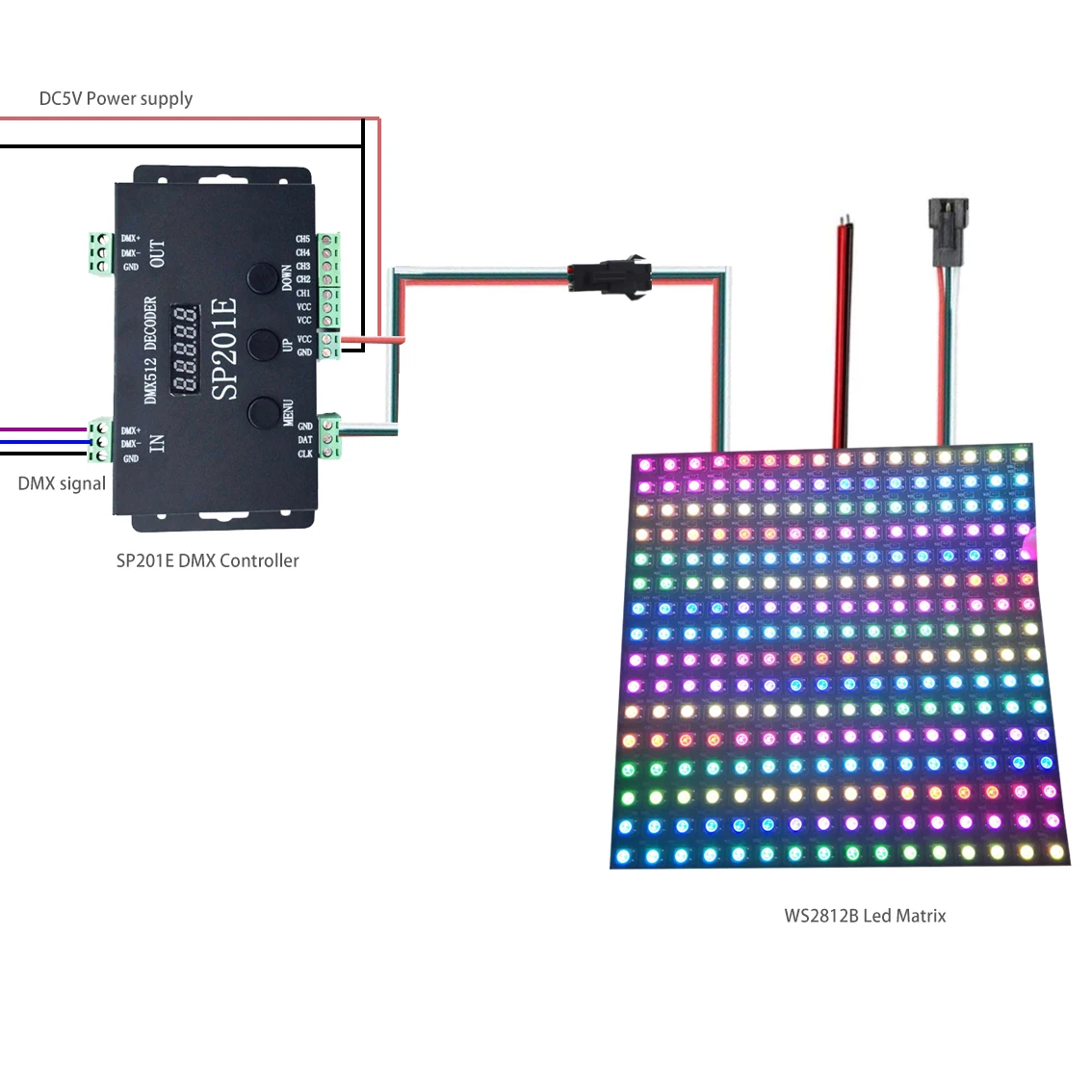 WS2811 WS2812B DMX to SPI Led Controller Decoder and WS2812 led Matrix Panel SP201E 5 Channel DMX 512 RGB WW Decoder Controller