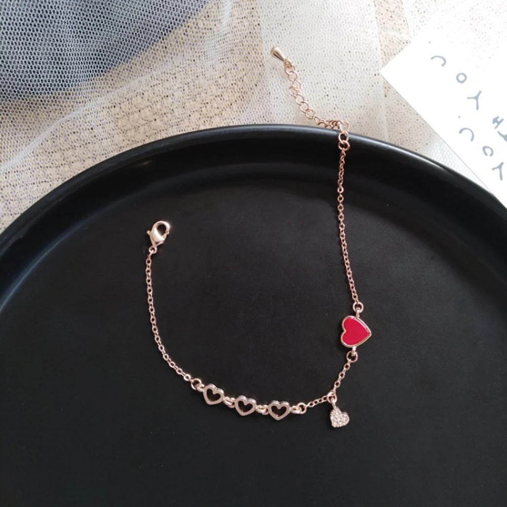 Women's Bracelets Red Love Rhinestones Bricelet Bangle Girl Heart Shaped Metal Chain Jewelry Accessories for Women