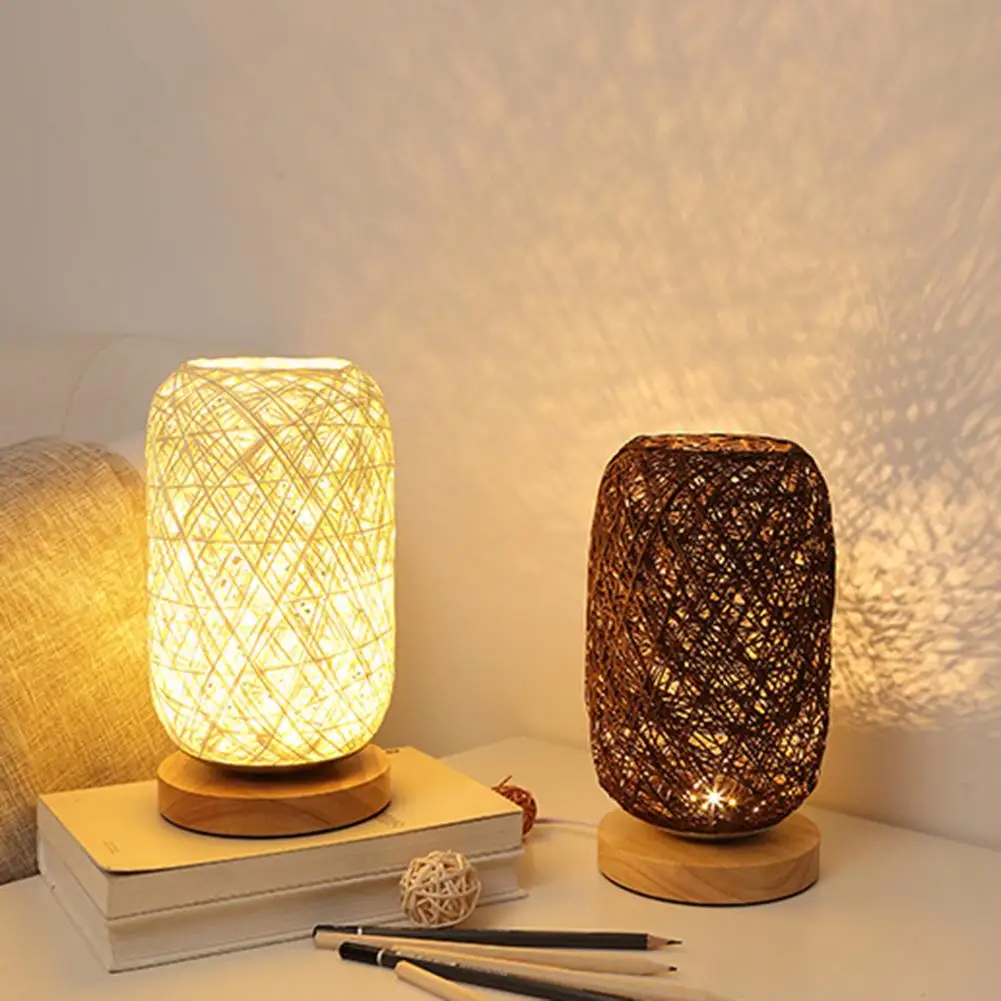 

Table Lamp LED Twine Weaving Exquisite Style Stylish Elegant USB Solid Wooden Night Light Decoration for Bedroom