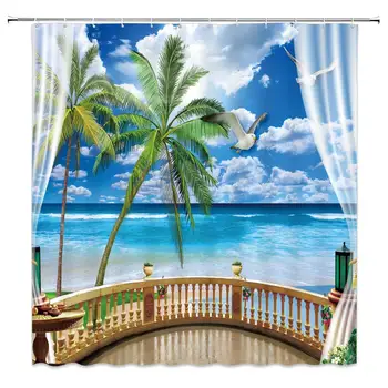 

Natural Sea View Shower Curtain Summer Ocean Green Palm Tree Seagull Roof Bathroom Decor Curtains Polyester Fabric Waterproof