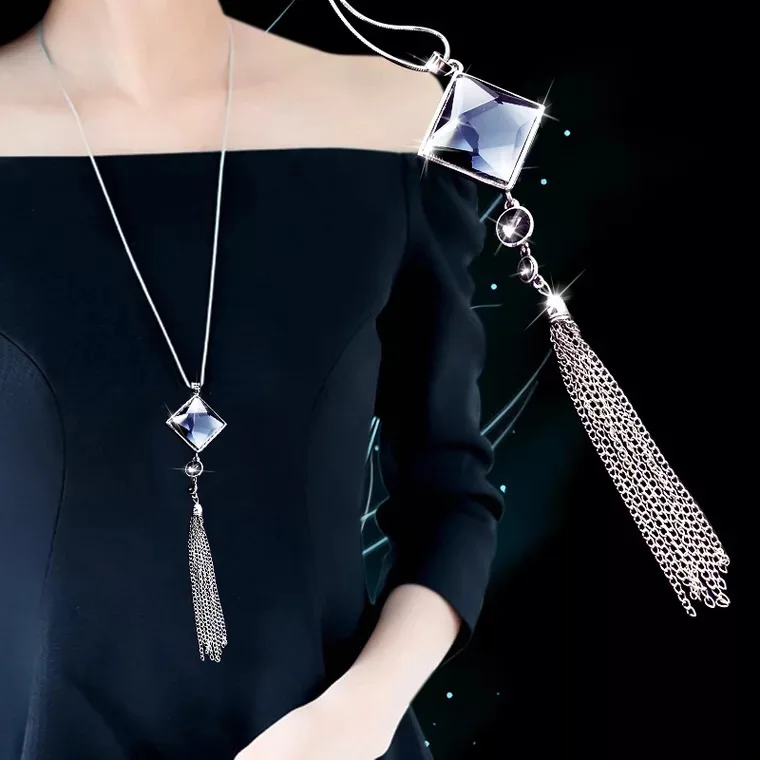 BYSPT-Square-Crystal-Pendant-Long-Tassel-Necklace-Women-Fashion-Jewelry-Wholesale-Silver-color-Long-Necklace-Sweater