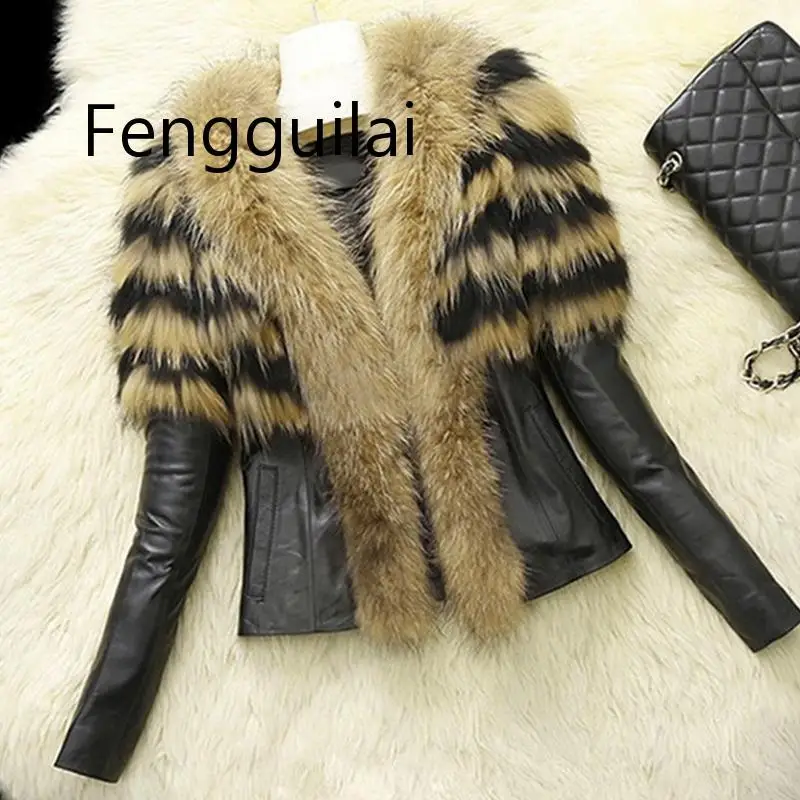 

Women Faux Fur Collar Leather Jacket 2020 Autumn Winter Female Fashion Warm Outwears Lady Short Thick Fluffy Slim Coat Plus Size