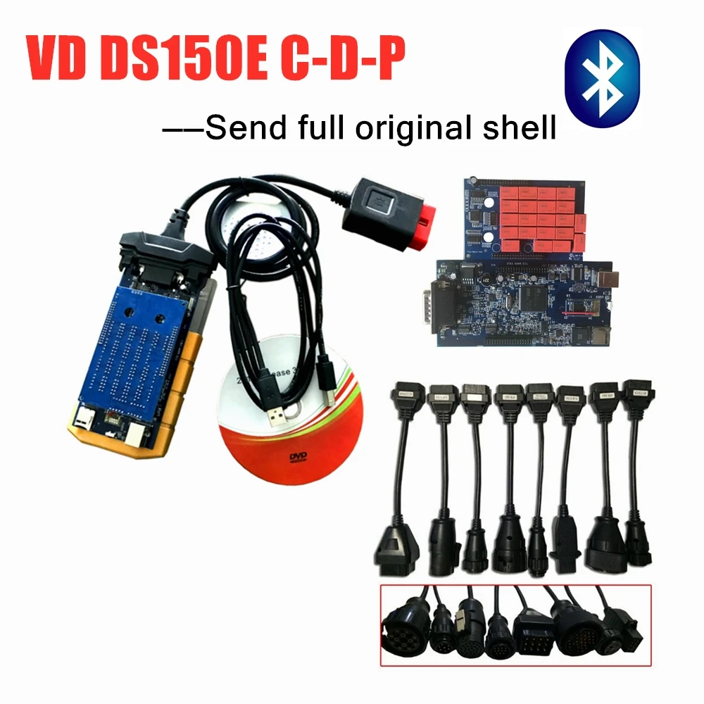 С bluetooth/USB VD DS150E C-D-P для delphis obdii сканер vd tcs c-d-p vci obd obd2 автомобильный диагностический инструмент+ 8 шт. грузовых кабелей - Цвет: with bluetooth