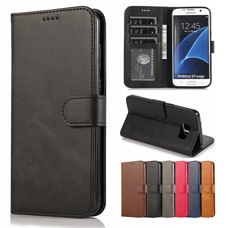 

Leather Case For Samsung Galaxy S7 S6 Edge S8 S9 S10 Plus S10 S10 E 5G Case Luxury Vintage Plain Wallet Phone Bags Case Coque