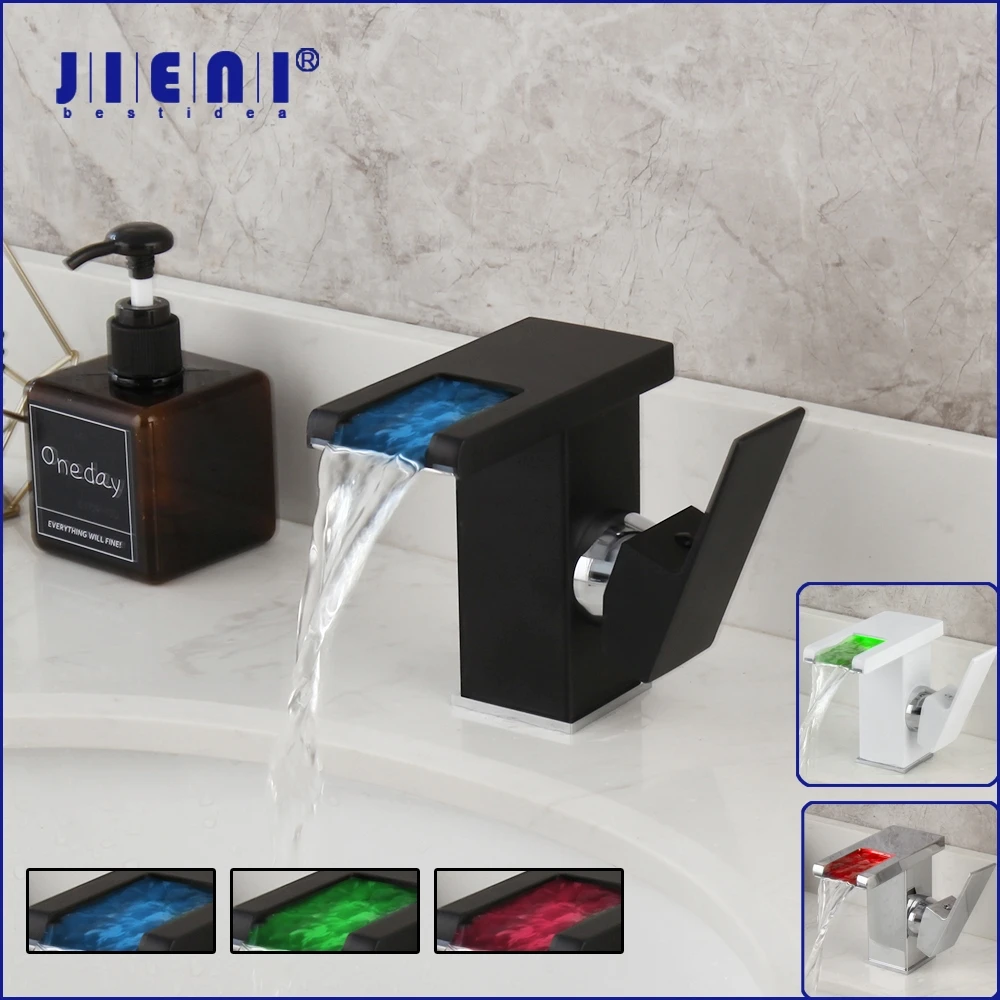 LED Waterfall Bathroom Basin Faucet Wash Sink Mixer Tap Faucet White & Black Deck Mount Solid Brass Water Power Basin Tap