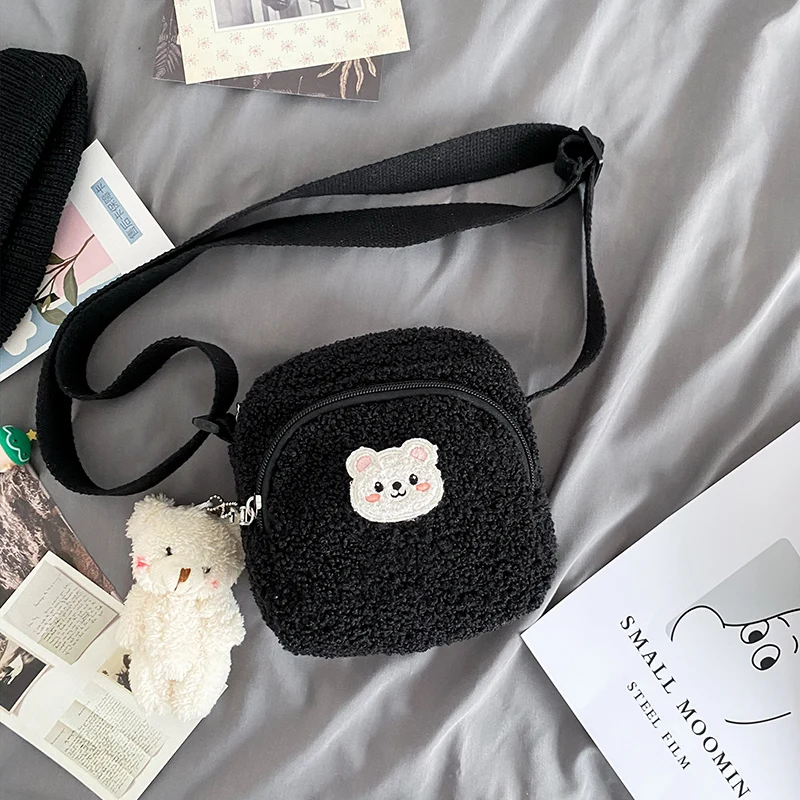 Cute Bear Print Women Small Plush Shoulder Bag Lamb Like Fabric
