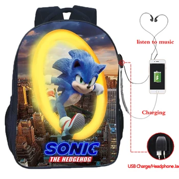 

16 Inch Arrival Sonic USB Backpack Boy Girl Cartoon School Bag Men Women USB Charge Travel Rucksack Teenager Anime Bookbag Gift