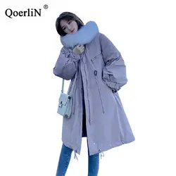 QoerliN, женские парки, большие размеры, меховые толстовки, куртка, пальто, женское длинное пальто, женская одежда, зимние пальто, большие