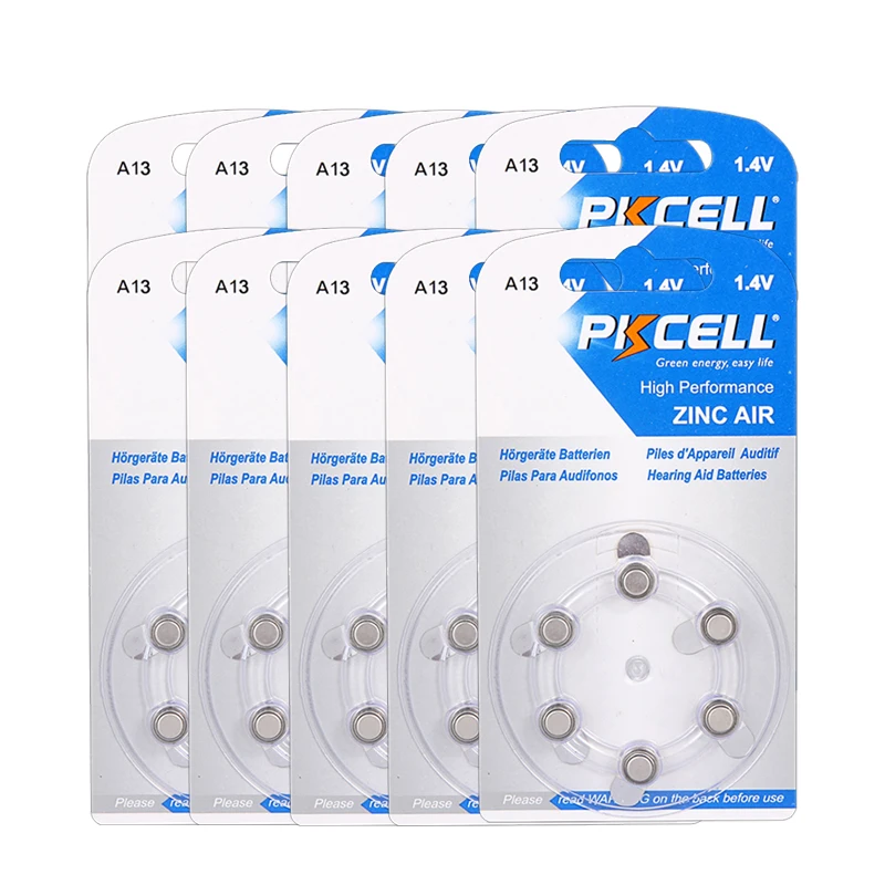 60 шт./лот PKCELL Аккумуляторы для слухового аппарата Zinc Air A13 13A e13 ZA13 13 PR48 1 4 V |