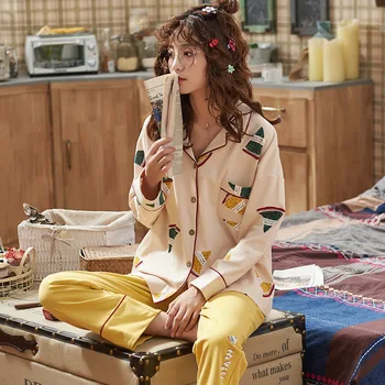 

QUEENX Pajamas Women's Autumn Cotton Long-Sleeved Ageing Fairy Wind Spring and Winter Cute Sweet Leisure Tops Casual