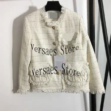 

2021 Luxury Design Nail diamond brooch fashion women's knitted pocket long sleeve cardigan temperament bright silk blend coat