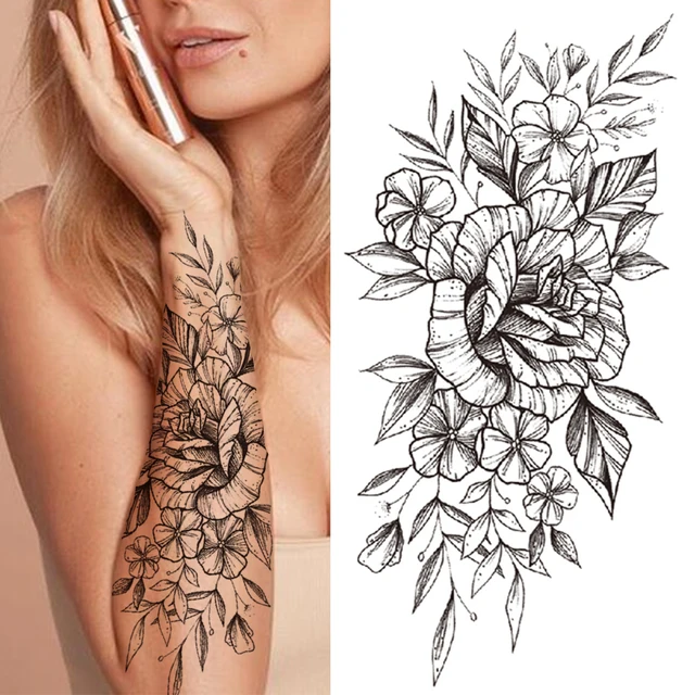 Rose Henna Flower Temporary Tattoos For Women Half Sleeve Girls Fake Jewels Peony Tattoos Sticker Black 3d Orchid Forearm Tattos Temporary Tattoos Aliexpress