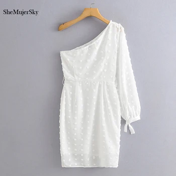 

SheMujerSky White Chiffon Dress Autumn Women One Shoulder Long Sleeve Dress 2020 Slim Side Split Dresses vestidos