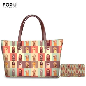 

FORUDESIGNS Animal Cat Dog Paw Pattern Handbags Colorful 2pcs/set Tote Shoulder Bags for Women Fashion Messenger Bags PU Wallets