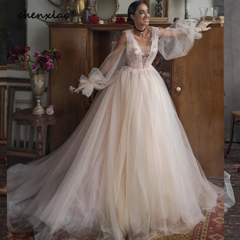 

Youthful Evening Dresses Tulle A-Line V-Neck Full Sleeves Lace Appliques Sweep Train Evening Party Dress Robe de soiree vestidos