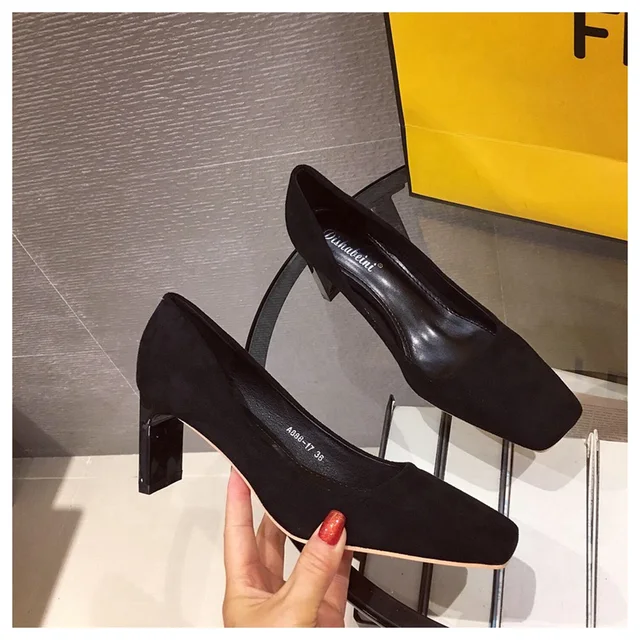 Square High Heels Shoes Woman 2020 Autumn Flock Faux Suede Square Toe Black Heels Women's Shoes Office Ladies Female Pumps Shoes Black