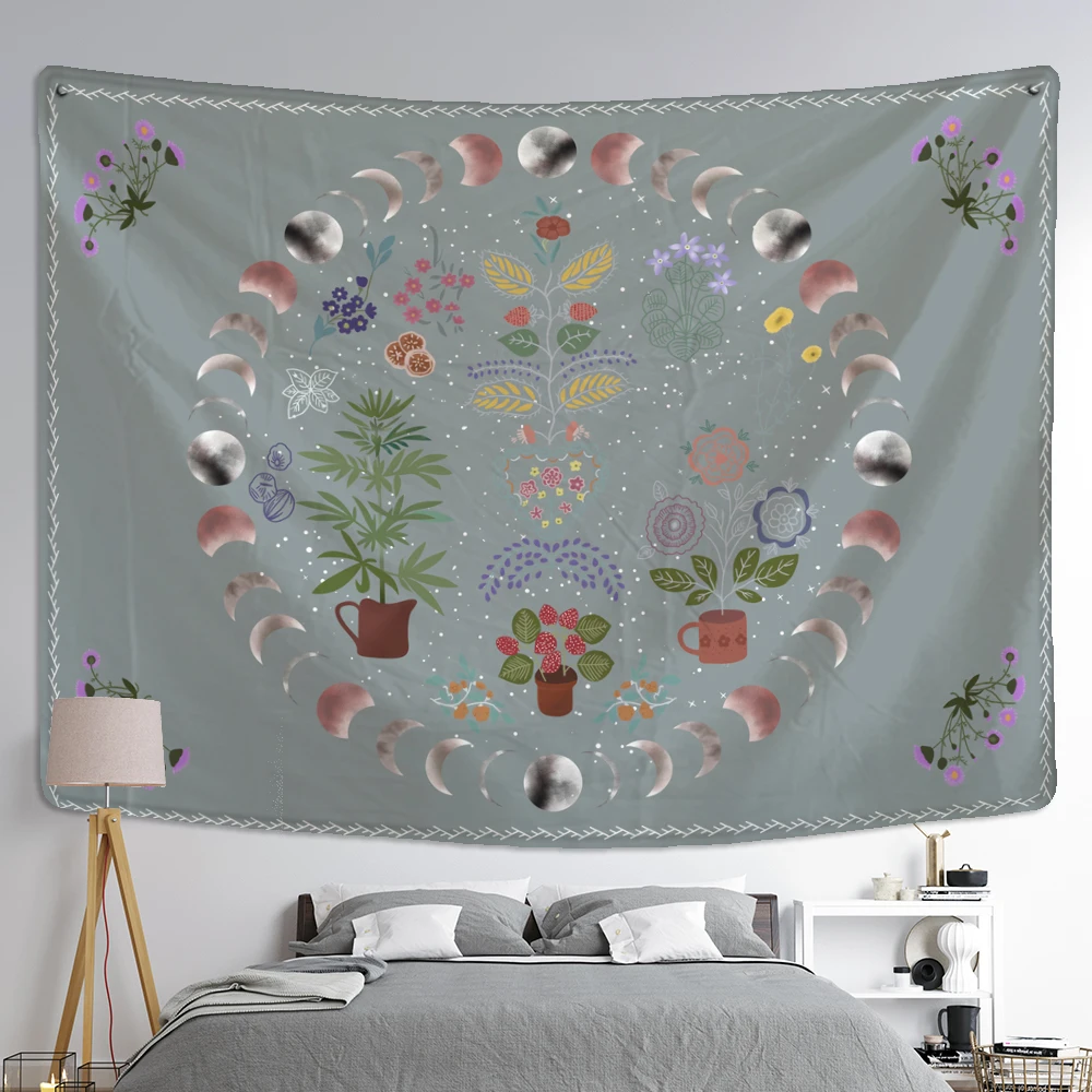 Moon Phase Tapestry Wall Hanging Plants Celestial Flowers Starry Sky Bohemian Witchcraft Hippie Home Decor