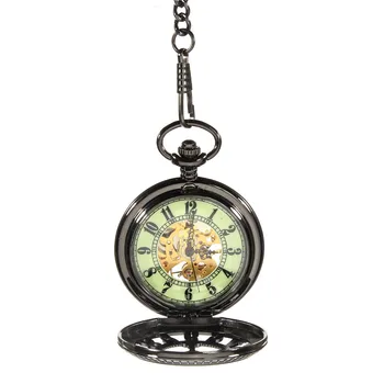 

Vintage Skeleton Elegant Pocket Watch Steampunk Automatic Mechanical Black Fob Clock Chain Men Women Gift