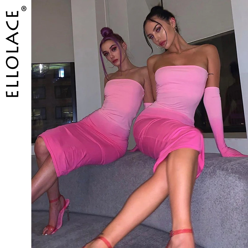 

Ellolace Fashion Tie Dye Midi Dress Women Elegant Slim Female Strapless Dresses Pink 2019 New Lady Backless with Sleeve Dresses