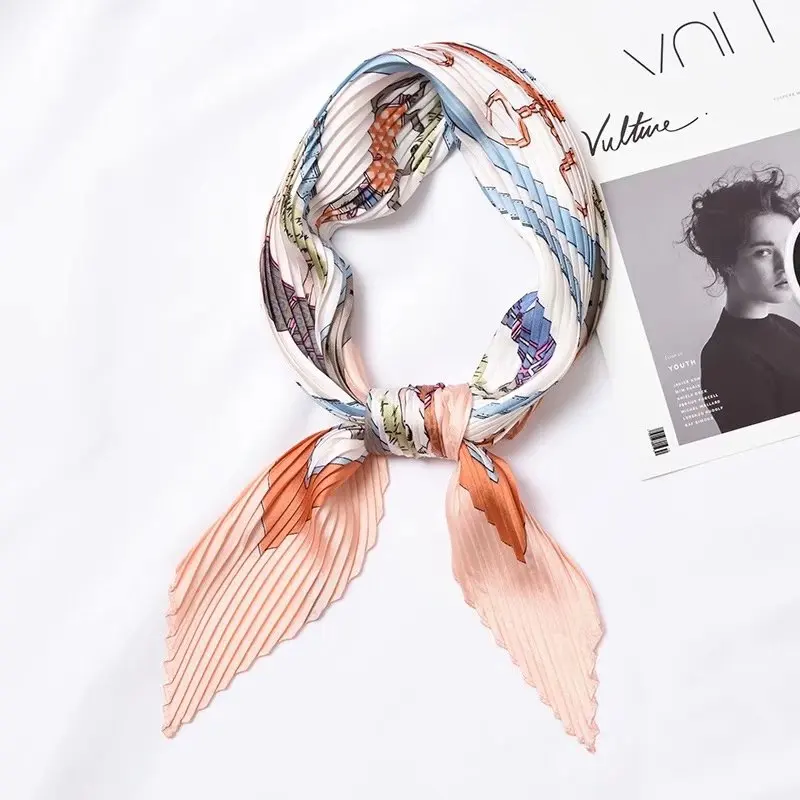 

Fashion Designer Crinkle Gray Silk Scarf Women Commute Crumple Neck Wear Pleated Lattice Handkerchief Elegant Foulard Female