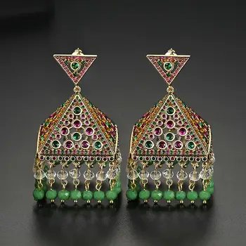 

India Ethnic Women Jhumka Zircon Tribe Bells Beads Earrings Drop Dangle Tassel Jewelry Boho Style Evening Party Fashion Earrings