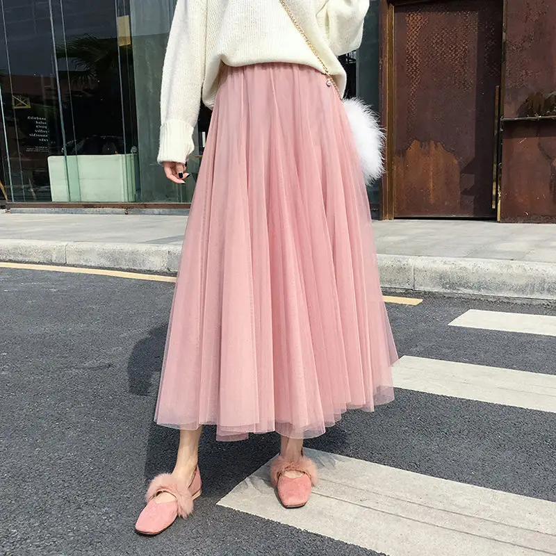 35 to 65kg Teens Skirt Summer for Women Girl Kids 3 Layers Princess Tulle Skirts Woman Mesh Pleated A-line Lady Long Tulle Skirt