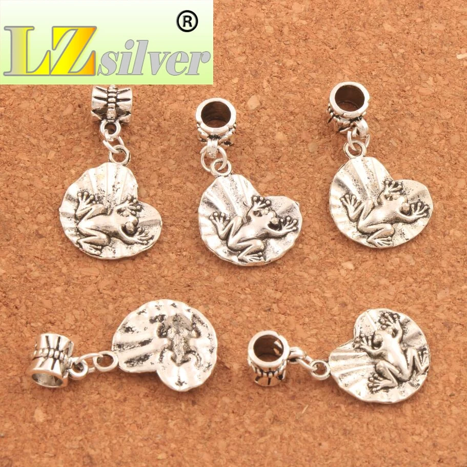 Frog On Lotus Leaf Big Hole Beads 32.2x16.9mm 100PCS Zinc Alloy Dangle Fit European Bracelets Jewelry DIY B041