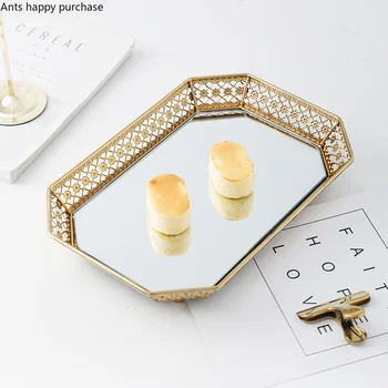 

European Mirror Glass Tray Bevel Hollow Out Octagon Rectangular Plate Desktop Accessories Groceries Storage Decorative Plate