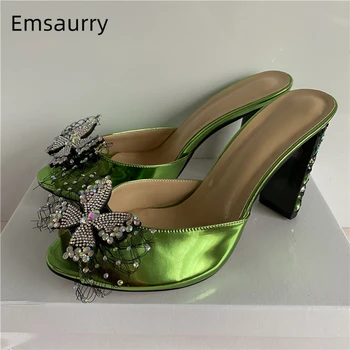 

Crystal Netted Butterfly-Knot Sandals Women Jeweled Diamond High Heels Sexy Peep Toe Slingbacks Rhinestone Party Mules Summer