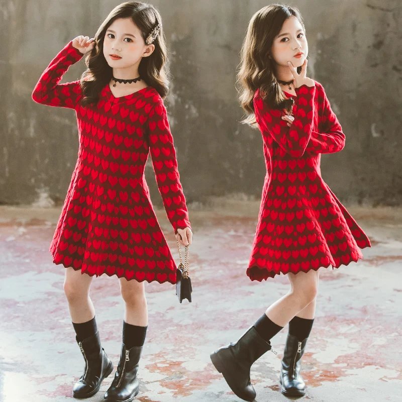 

Hot Red Reversible Convertible Sweaters Dress Winter Heart Pattern Girl Slim Knit Sweater Dress X-Long Knitted Sweaters Clothing