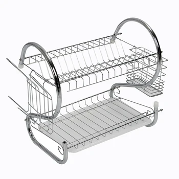 

New New 2 TIER CHROME PLATE DISH CUTLERY CUP DRAINER RACK DRIP TRAY PLATES HOLDER