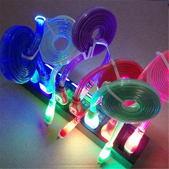 1M Smile Grow LED Micro USB Cable Light Noodle Flat Micro Usb Charger Cord for Samsung for HTC for iPhone 5 6S 7 8Plus X Android